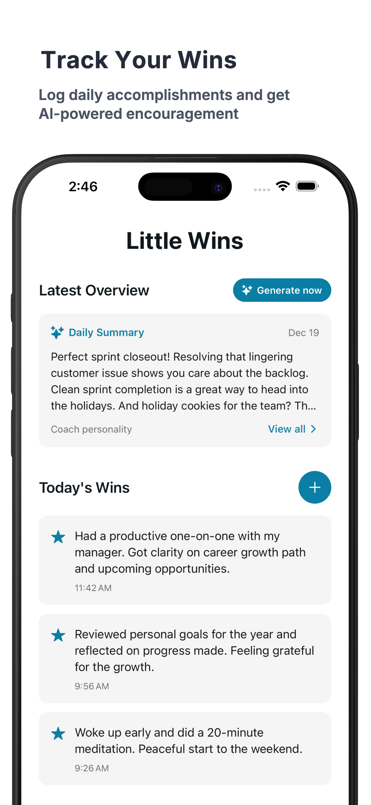 LittleWins home screen showing today's wins